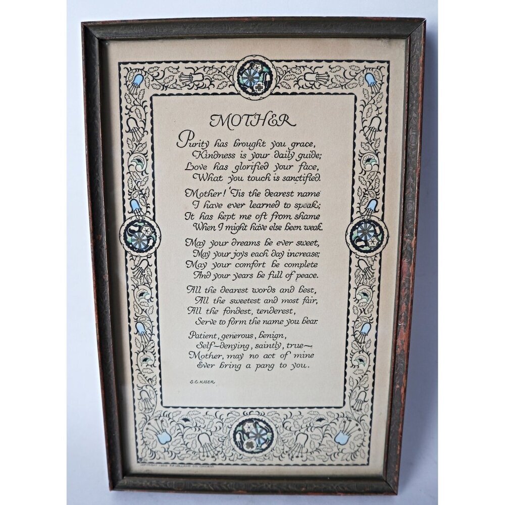 Antique Print Mother Poem Wood Frame 1920